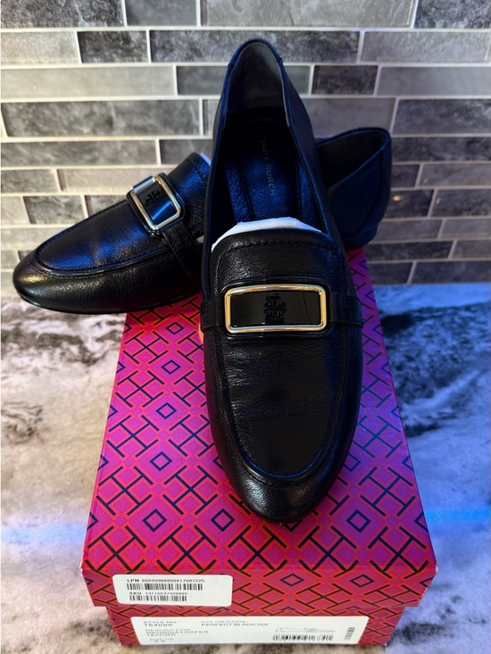 Tory Burch Shoes - Tory Burch Black Leather Loafers with Gold Buckle Plaque
